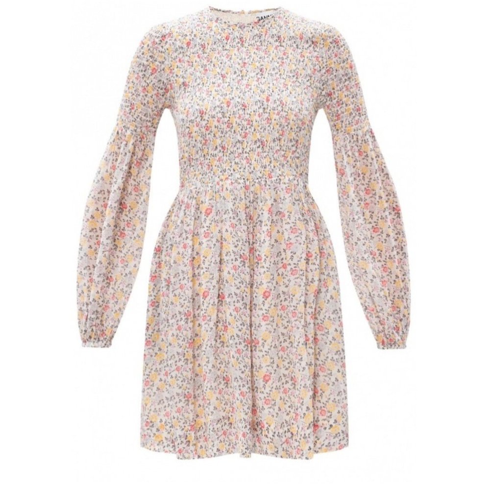 GANNI ‘Georgette’ Smocked Floral Print Mini Dress in Egret